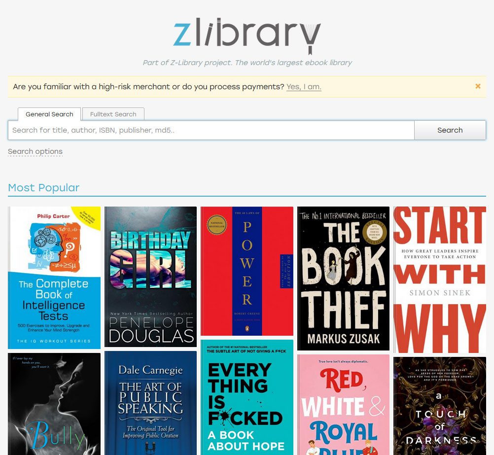 Page d'accueil de Zlibrary bibliothèque d'ebook gratuit