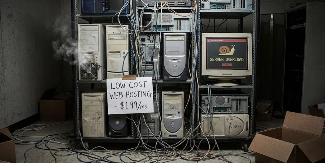 Illustration humoristique d'un serveur d'hébergement web low cost surchargé, qui fume, avec un message 'SERVER OVERLOAD' et un escargot sur l'écran.