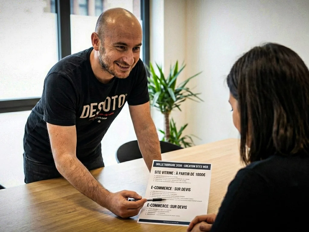 Alexandre Primus, webdesigner freelance, présente sa grille tarifaire 2026 pour la création de sites internet à une cliente lors d'un rendez-vous.